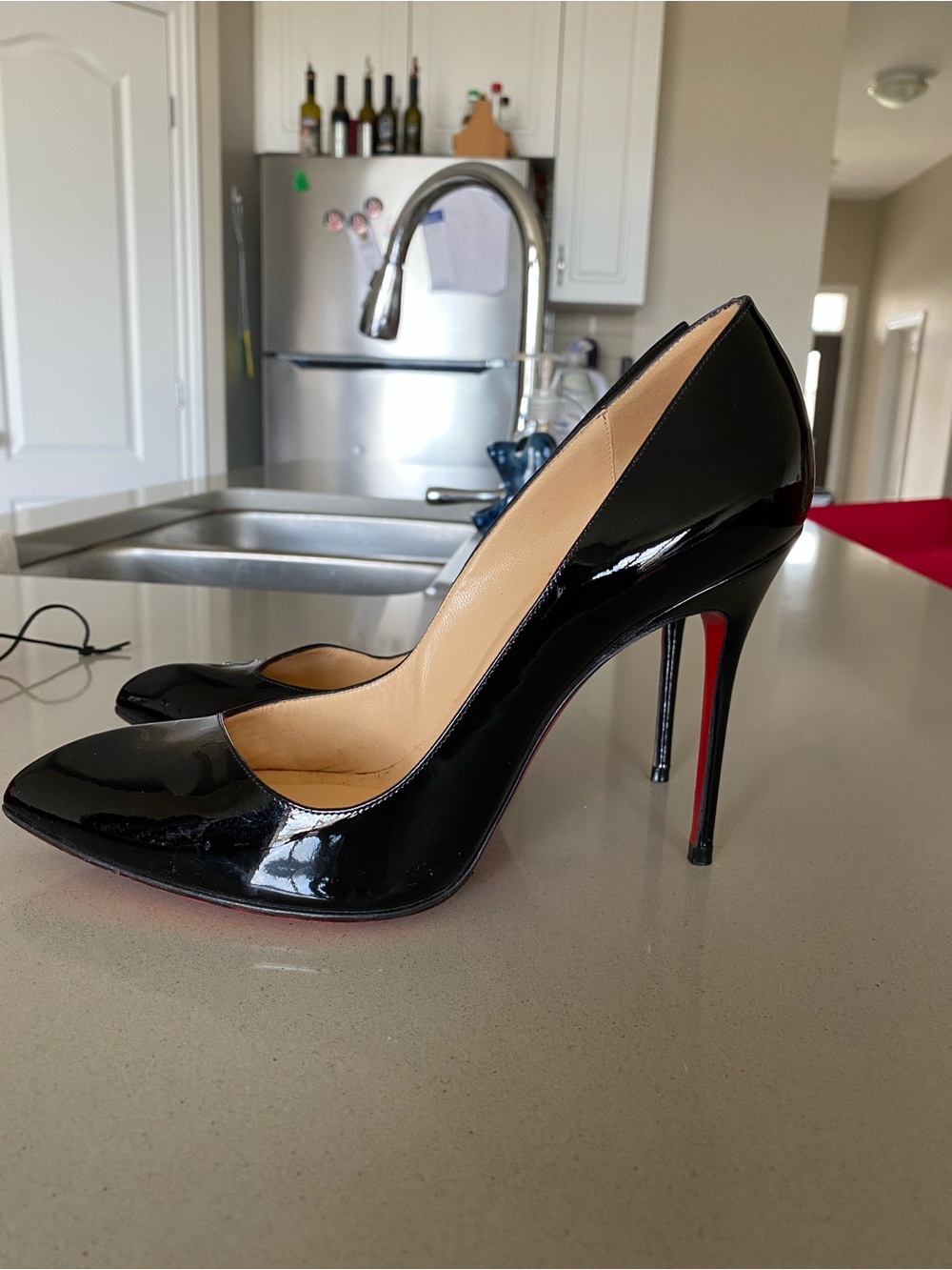 Christian Louboutin Black Patent Pointed Toe Stiletto Pumps with Red Sole